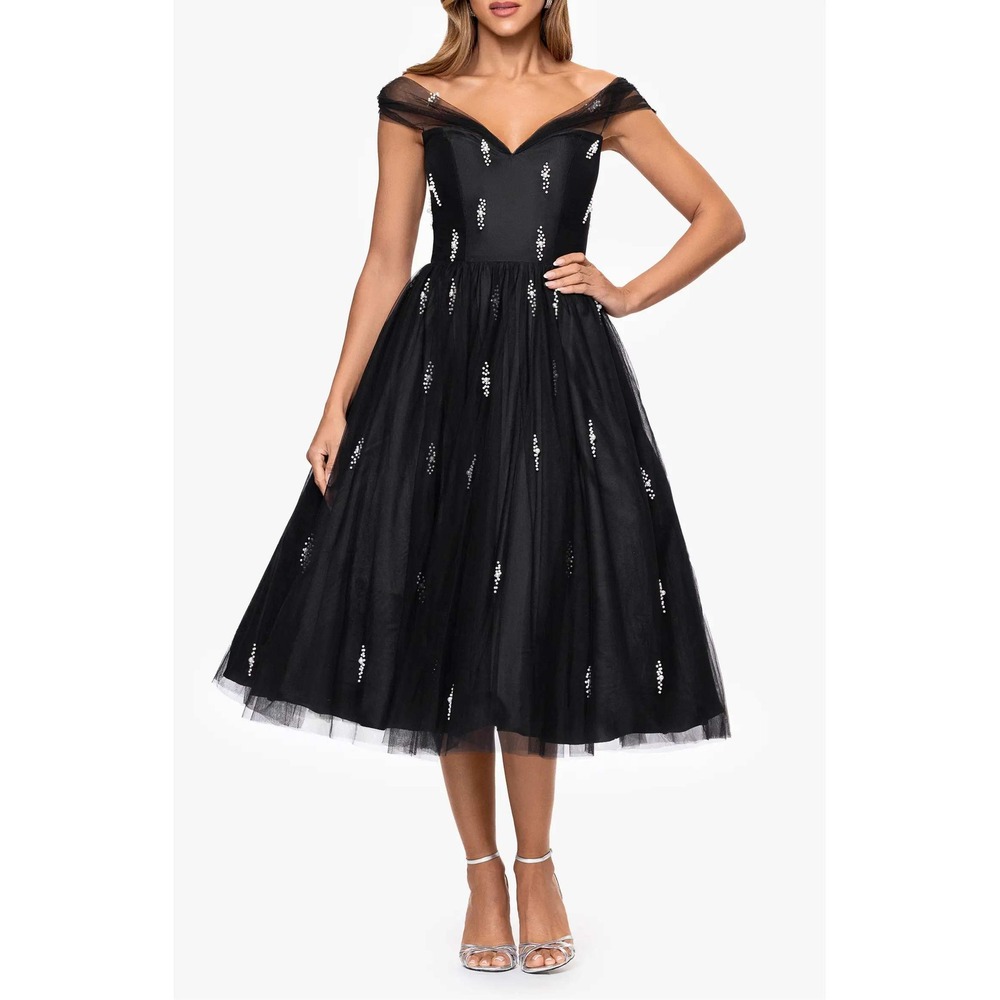 Betsy & Adam Embellished Tulle Midi Cocktail Black Dress Size 12